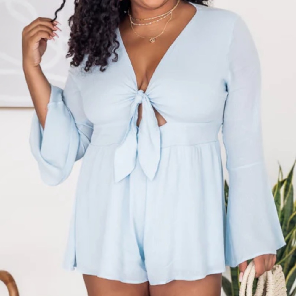 Pink Lily Romper Long Sleeve Flare Ribbed Lined Keyhole Tie Summer Cinched Blue